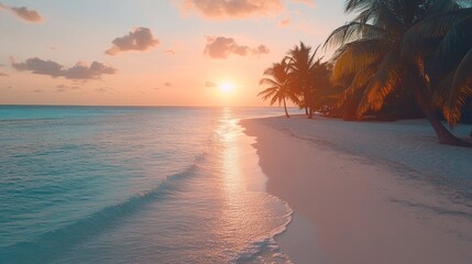 Aufkleber - As the sun descends on the horizon, vibrant colors fill the sky above a serene beach. Swaying palm trees along the shore create a tropical paradise, inviting calm reflection and relaxation
