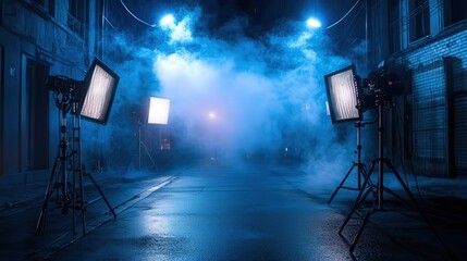 Poster - studio backdrop, illuminated by neon lights and spotlights, creating a dramatic atmosphere filled with swirling smoke.
