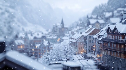 Aufkleber - Snowy mountain village at night with illuminated houses and falling snow.