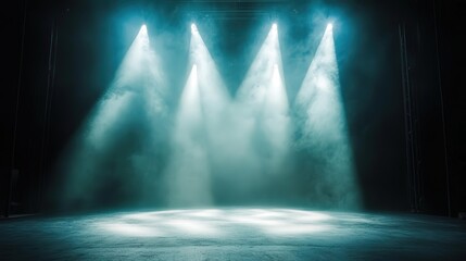 Poster - dark room is energized by spotlights, which shine down on the stage floor, creating glowing pools of light that draw attention and add excitement to the space.
