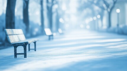 Aufkleber - Snowy park path with benches, winter landscape.