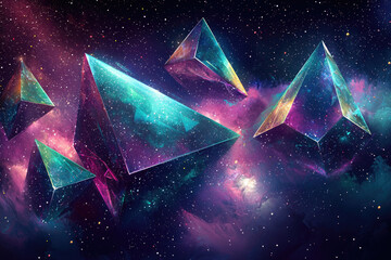 Poster - Abstract crystalline pyramids float against a vibrant cosmic backdrop with swirling nebulas and glittering stardust, creating a surreal, celestial spectacle.