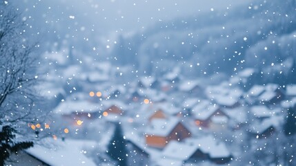 Aufkleber - Snowy village at dusk, soft focus, falling snow.
