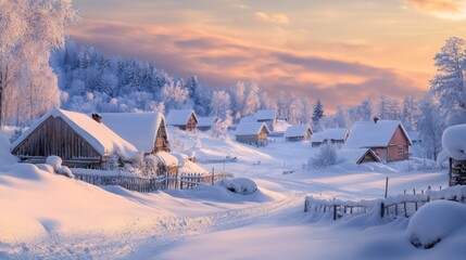 Aufkleber - Snowy village at sunrise, wooden houses covered in snow, winter landscape.