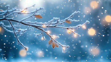 Poster - Snowy winter branch with fairy lights, bokeh background. (1)
