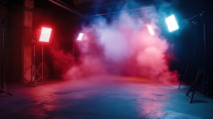 Poster - empty street scene illuminated by neon lights and spotlights, creating a dramatic, cinematic atmosphere in the studio backdrop.