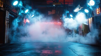 Poster - empty street scene illuminated by neon lights and spotlights, creating a dramatic, cinematic atmosphere in the studio backdrop.