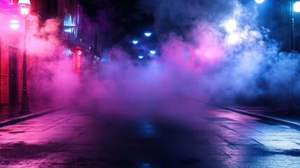 Poster - neon lights and spotlights, with thick smoke drifting across the scene, creating an atmospheric, cinematic effect in a studio setting.