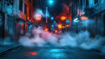 Poster - neon lights and spotlights, with thick smoke drifting across the scene, creating an atmospheric, cinematic effect in a studio setting.