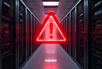 Poster - Warning Sign Illuminated in a Server Room Indicating Potential Issues With Network Equipment