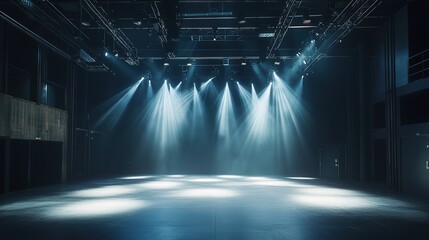 Poster - room with spotlights casting radiant beams onto the stage floor, turning the space into a dynamic and energetic environment that draws focus to the performance.