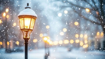 Aufkleber - Snowy winter scene with a lit lamppost and bokeh lights.