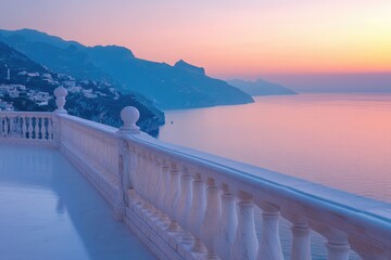 Poster - Serene sunset over Amalfi Coast, viewed from a luxurious balcony with white balustrade.