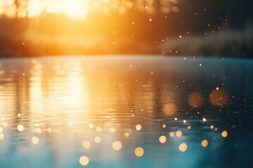 Aufkleber - Golden sunset reflects on calm water, creating a magical, serene atmosphere with sparkling bokeh effects.