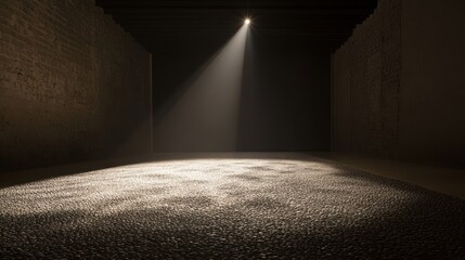 Poster - Spotlight illuminates textured floor in dark, stone-walled room.