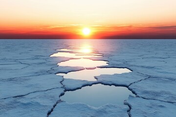 Poster - Sunset over a frozen lake, a path of melting ice leads towards the sun.