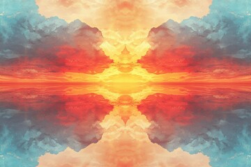 Poster - A vibrant sunset mirrored in the calm waters, creating a symmetrical and colorful sky reflection.