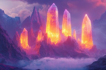 Aufkleber - Glowing crystal spires rise from a mystical, purple-hued mountain range at sunset.