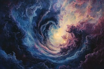 Poster - A swirling cosmic nebula, vibrant colors, and a bright center. Abstract space art.