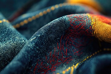 Poster - Close-up of textured denim fabric with red and yellow embroidery details.