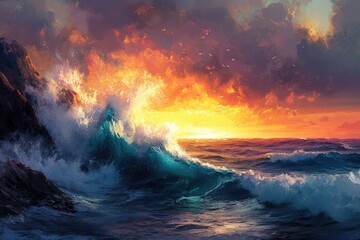 Aufkleber - Fiery sunset over crashing waves against dark rocks, a dramatic ocean scene.