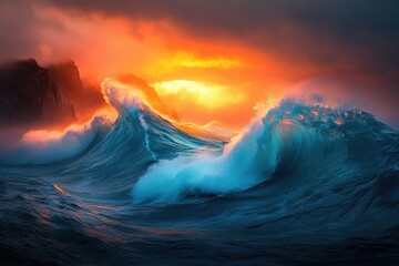 Poster - Majestic ocean waves crashing against dark cliffs during a vibrant sunset, creating a breathtaking scene.