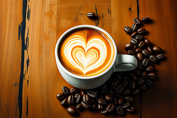 Poster - Aromatic coffee with a heart latte art design in a white cup, surrounded by roasted beans on a wooden table. Warm, inviting, and delicious.