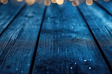 Aufkleber - Dark blue wooden planks background with blurry golden lights.