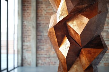 Aufkleber - Geometric wooden sculpture with gold accents, displayed in a rustic brick interior.