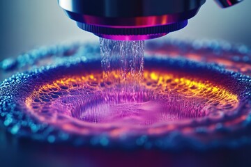Aufkleber - Water stream impacting a vibrant, colorful, bubbly surface, creating a mesmerizing effect.