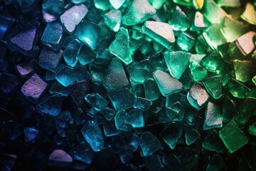 Fototapete - A close-up shot of teal and purple sea glass pieces, illuminated with vibrant lighting.