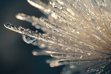Poster - Close-up of frost-covered plant with water droplets, glistening in sunlight.