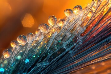 Fototapete - Macro shot of frost-covered plant fibers, glistening with icy droplets under warm light.