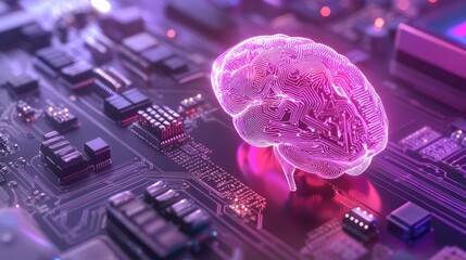 Poster - Futuristic Brain Design on Circuit Board with Neon Light Effects