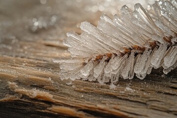 Poster - Close-up of delicate ice crystals forming intricate patterns on a wooden surface, illuminated by sunlight.