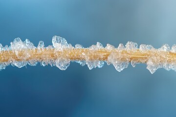 Poster - Close-up of frost crystals delicately adorning a slender, pale stem against a soft blue backdrop.
