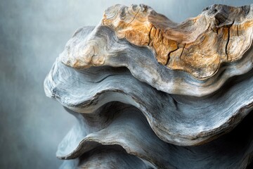Poster - Layered driftwood sculpture, weathered grey and brown wood with wave-like textures.