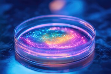 Aufkleber - A petri dish glows with vibrant, swirling colors, resembling a cosmic nebula.