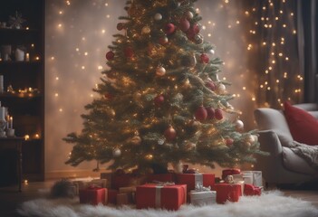 Wall Mural - tree background christmas interior holiday celebration winter star design present pattern red pine n