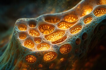 Poster - Glowing porous structure, intricate detail, resembling a bioluminescent organism or alien landscape.