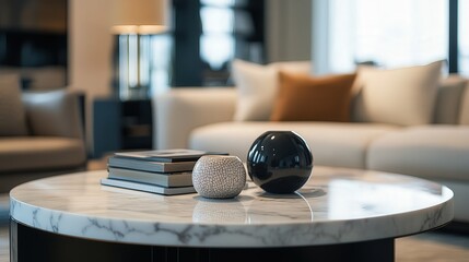 Poster - marble table with carefully chosen decorative pieces sits amidst the soft blur of a modern living room, enhancing the space luxurious atmosphere.
