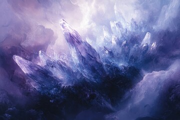 Poster - A breathtaking, ethereal landscape of majestic purple and blue crystals, glowing with an otherworldly light.