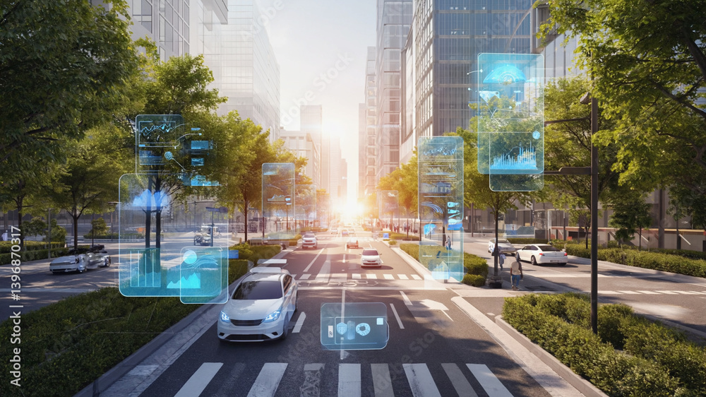 Futuristic city with autonomous vehicles navigating urban landscape ...