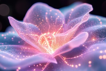 Fototapete - A luminous, ethereal flower, rendered in glowing digital lines and particles, evokes a sense of delicate beauty and otherworldly grace.