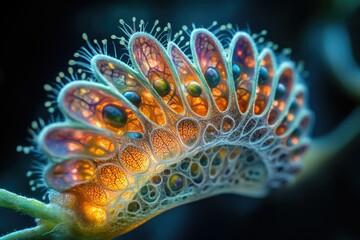 Leinwandbilder - Intricate, bioluminescent plant structure with vibrant colors and delicate, hair-like filaments.