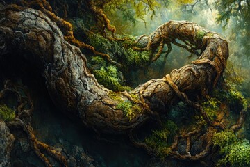 Poster - Ancient, moss-covered tree roots intertwine in a mystical forest scene, creating a captivating natural arch.