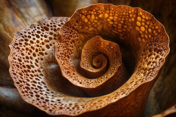 Aufkleber - Intricate spiral of a textured, brown, organic form resembling a flower, with a porous surface.