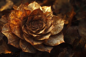 Poster - Golden succulent plant, resembling a rose, with intricate leaf details and autumnal tones.