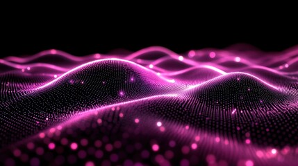 Poster - abstract pink digital landscape shimmering with light against a dark backdrop featuring undulating waves and sparkling bokeh effects