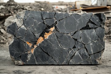 Leinwandbilder - A large, fractured block of dark marble with striking orange veins rests on the ground.